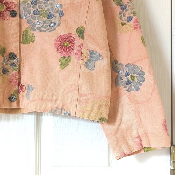 Chico's Design 90's Vintage Floral Embroidered & Beaded Denim Jacket Peach 3 - Picture 9 of 13